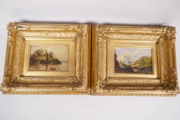 A pair of gilt framed oils on panel, a river mouth with sailing barge and landscape with distant