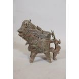 A Chinese bronze vessel and cover in the form of a ram, with archaic style decoration, 11" x 10"