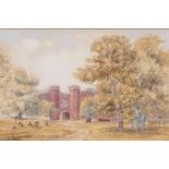 A watercolour drawing of a deer park before a Tudor gateway, 10" x 7"