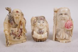 Three bone netsuke carved as figures, tallest 2"