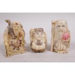 Three bone netsuke carved as figures, tallest 2"