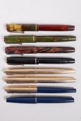 A collection of eight miscellaneous Parker fountain pens including 'Moderne', 'Lady', '17's' etc,