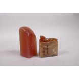 A Chinese soapstone seal with kylin decoration, and a soapstone seal blank, 3" high