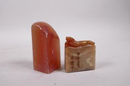 A Chinese soapstone seal with kylin decoration, and a soapstone seal blank, 3" high
