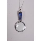 A 925 silver and lapis magnifying glass pendant necklace, 3" drop