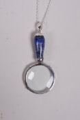 A 925 silver and lapis magnifying glass pendant necklace, 3" drop