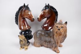 Two Beswick style porcelain figurines of horse heads 10" high, together with two figures of