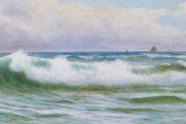 Seascape with distant boats, signed H. Moore, watercolour and bodycolour, 10" x 29"