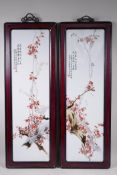 A pair of Chinese Republic style porcelain panels with polychrome decoration of blossom trees, in