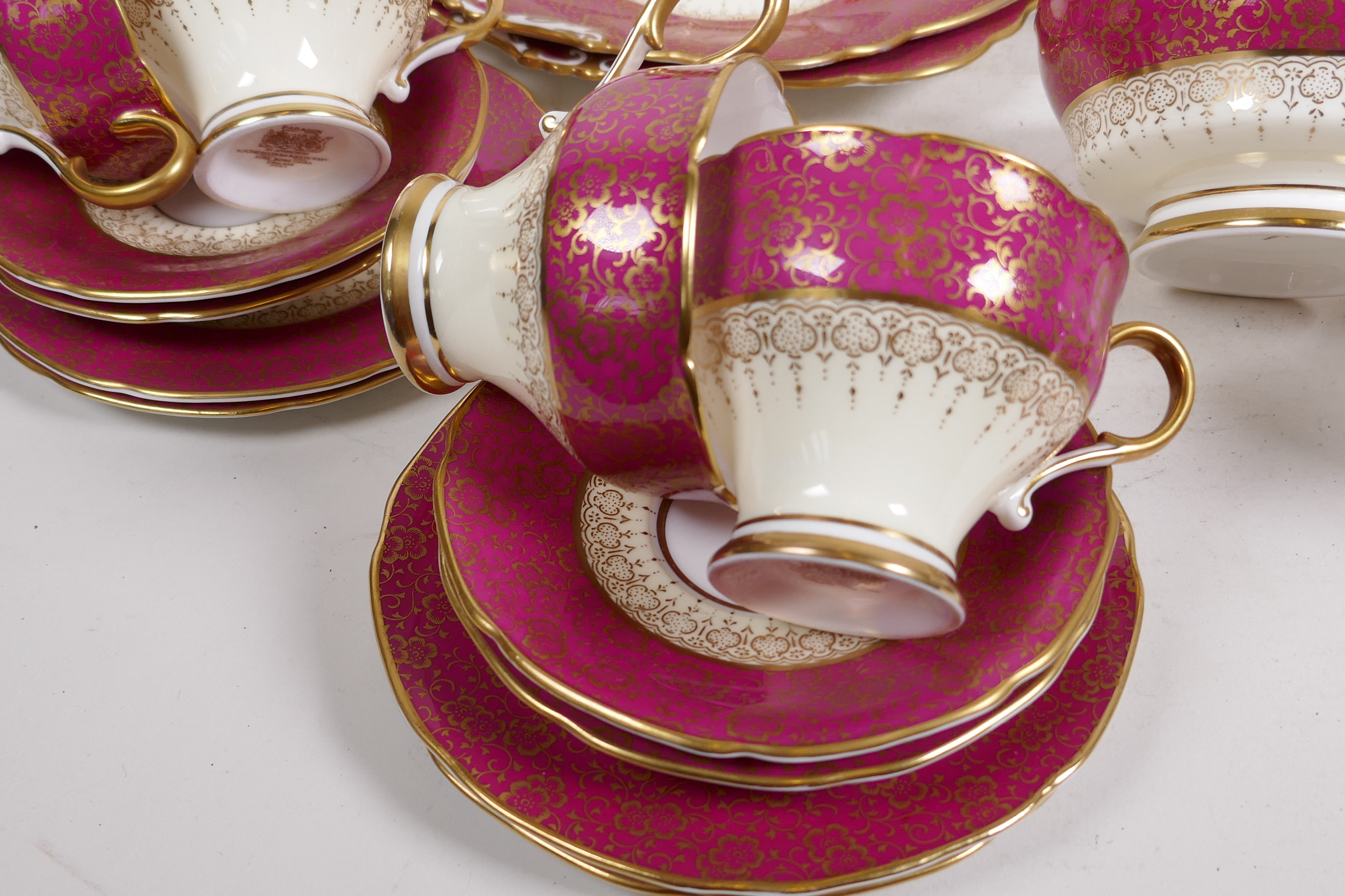 An early C20th Paragon bone china twelve place setting tea service with teapot, cream jug, sugar - Image 3 of 5
