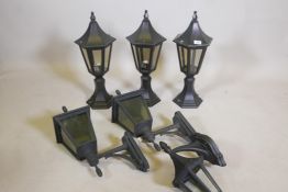 Three painted metal gate post lanterns, 22" high, and a pair of wall lanterns, and another similar