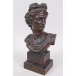 A bronzed metal bust of Apolo after the antique, 7" high