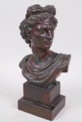 A bronzed metal bust of Apolo after the antique, 7" high