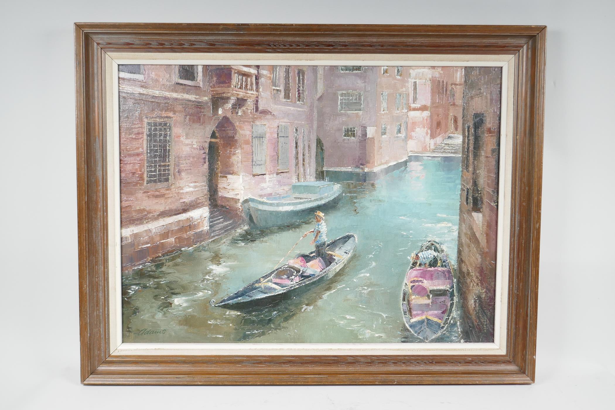 Adams, Venetian backwater canal scene with a gondola, oil on canvas, 22" x 16" - Image 3 of 5