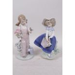 Two Lladro figures, young girls with flowers, 7" high