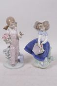 Two Lladro figures, young girls with flowers, 7" high