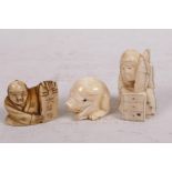 Three carved bone netsuke carved as travellers, tallest 2"