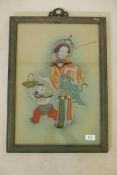 A Chinese reverse glass painting of a young woman and boy attendant, 15" x 22"