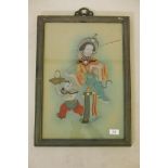 A Chinese reverse glass painting of a young woman and boy attendant, 15" x 22"