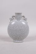 A Chinese crackleware two handled flask 6" high