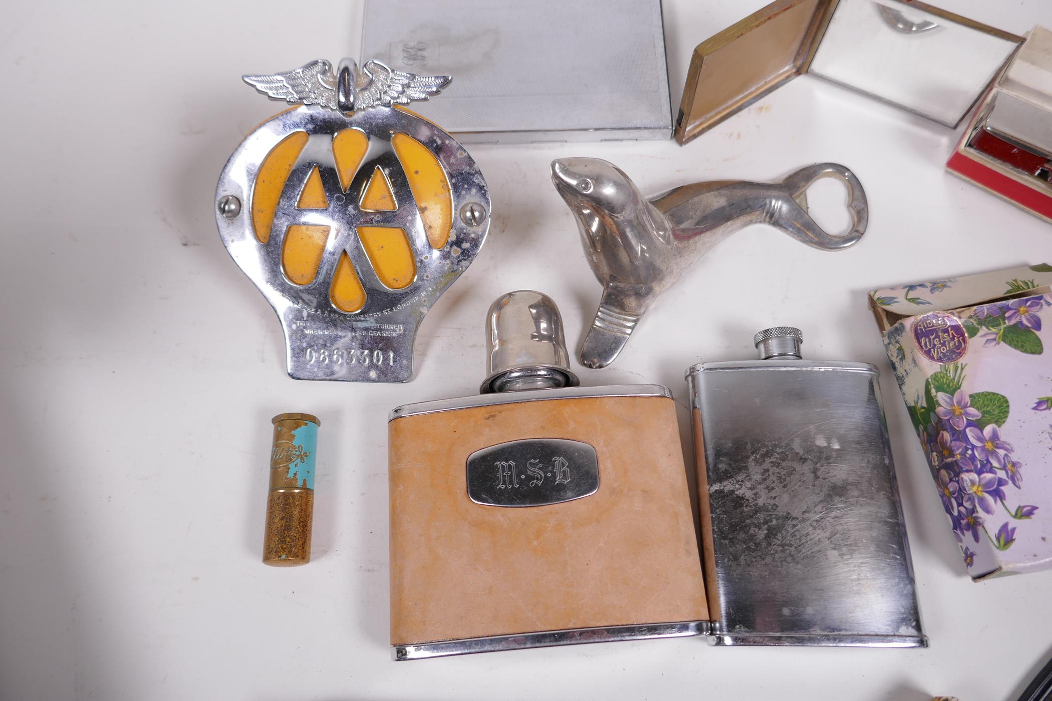 Miscellaneous items including a chrome and enamel AA badge, flasks, harmonica etc - Image 2 of 2