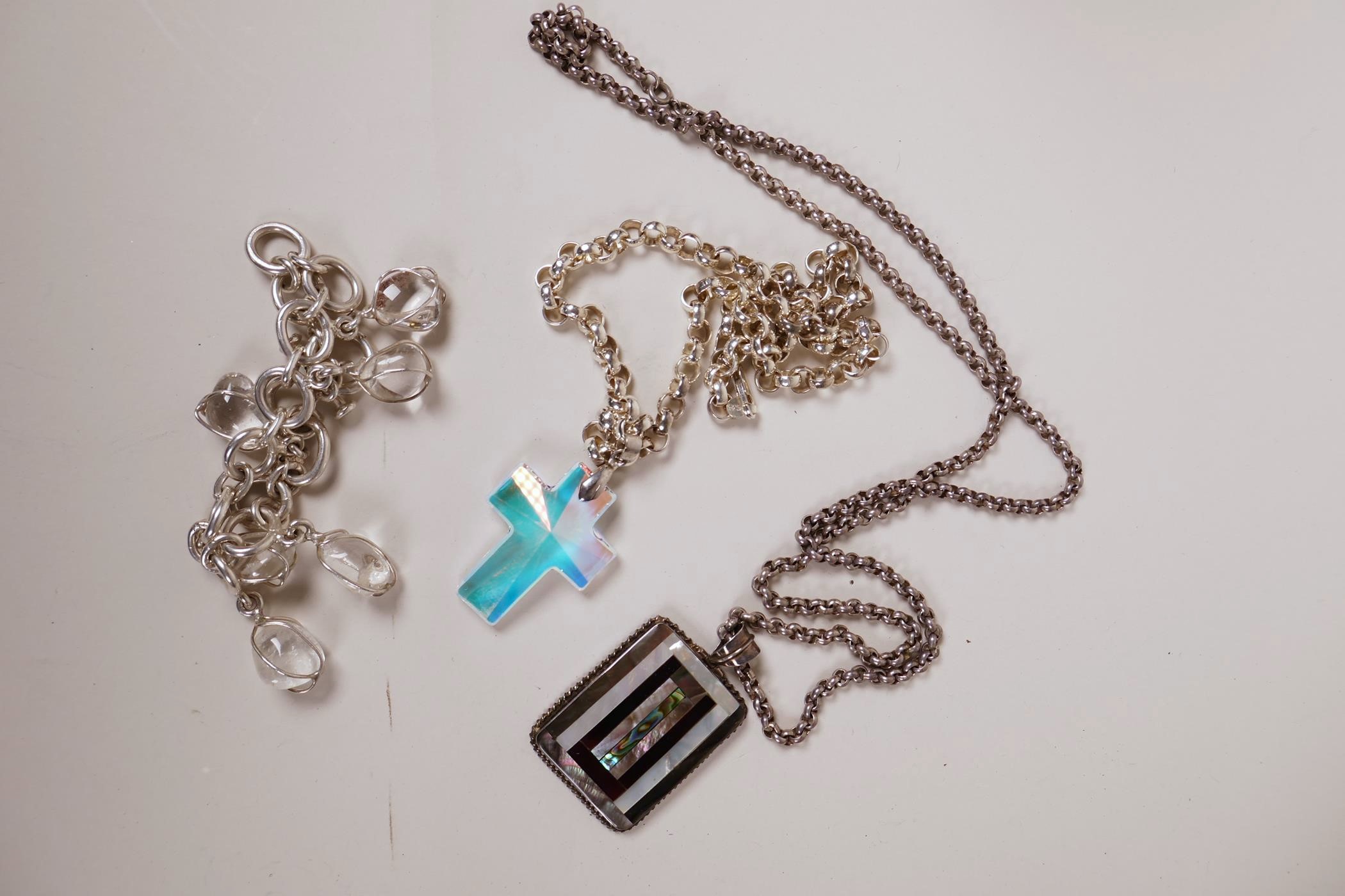 A silver chain and crystal crucifix pendant, a silver bracelet set with crystals and a silver - Image 2 of 2