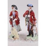 A pair of Dresden porcelain figures of a hunter and huntress, 6¼" high, A/F