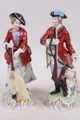 A pair of Dresden porcelain figures of a hunter and huntress, 6¼" high, A/F