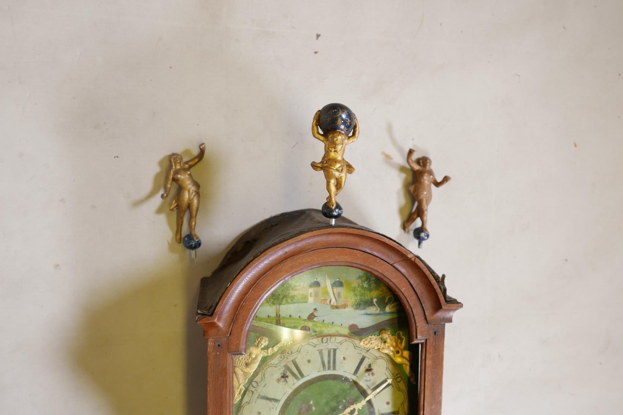 A C19th Dutch Staart clock, oak case with painted arched dial, brass spandrels and gilt metal - Image 3 of 6