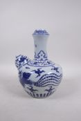 A Ming style blue and white porcelain hookah base with phoenix decoration, 4 character mark to side,