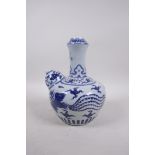 A Ming style blue and white porcelain hookah base with phoenix decoration, 4 character mark to side,