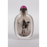 A Chinese reverse decorated glass snuff bottle depicting horses, 4" high
