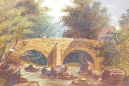 Fishermen on a stone bridge in a Highland landscape, C19th oil on canvas, initialled EHR 1878, 9½" x