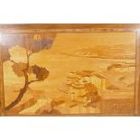 A Sorrento wood panel with inlaid decoration of an Italian cliffside village, 23½" x 16"