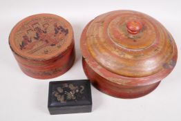 A Burmese turned and painted circular box and cover, 10½" diameter, together with an Indian circular