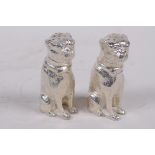 A pair of silver plated table salts cast as seated pug dogs, 2½" high