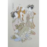 A collection of five Japanese ink and watercolour drawings depicting geisha, musicians, dancers