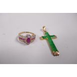 A 10ct yellow gold, diamond and ruby ring, size N/O, and an 18ct gold and jade crucifix