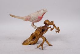A Japanese bone okimono, carved in the form of an asiatic bird perched on a stump, 5½" high