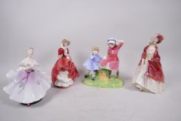 Four Royal Doulton porcelain figurines, 'The Milestone', 'The Paisley shawl', 'Top of the Hill'