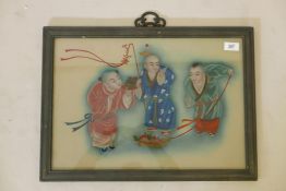 A Chinese reverse glass painting depicting three boys, 15" x 22"