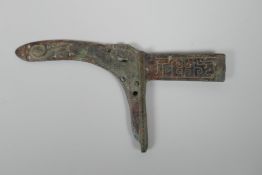A Chinese patinated bronze ge head (dagger axe head), after the antique, with stylised dragon