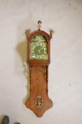 A C19th Dutch Staart clock, oak case with painted arched dial, brass spandrels and gilt metal