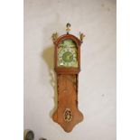 A C19th Dutch Staart clock, oak case with painted arched dial, brass spandrels and gilt metal