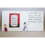 A painted board with humorous cartoon each side, 41" x 20"