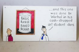 A painted board with humorous cartoon each side, 41" x 20"