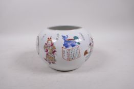 A polychrome porcelain pot with a rolled rim decorated with four Immortals and inscriptions, Chinese