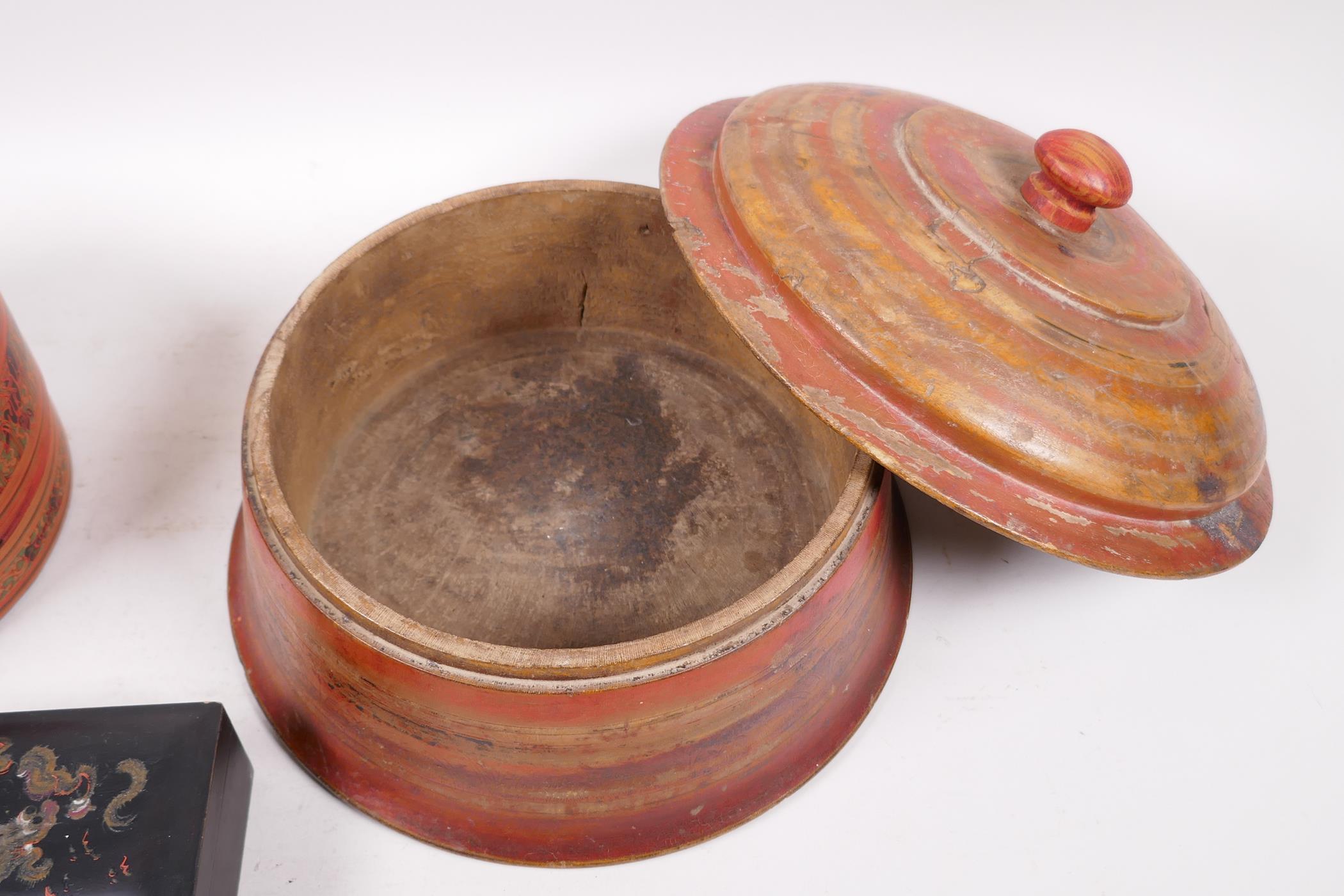 A Burmese turned and painted circular box and cover, 10½" diameter, together with an Indian circular - Image 4 of 4