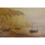Fishing boats at anchor in a cove, watercolour, signed indistinctly, 16" x 11"