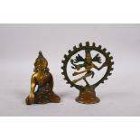 A Tibetan bronze of a deity with many arms, and another of Buddha, 3½" high